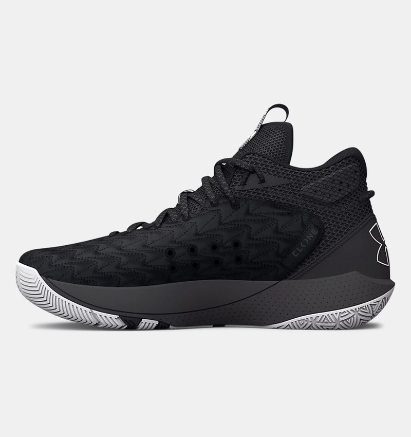 Under Armour UA HOVR™ Havoc 5 Clone Team basketball shoes in black with textured upper, mesh panels, and rubber outsole, side view.