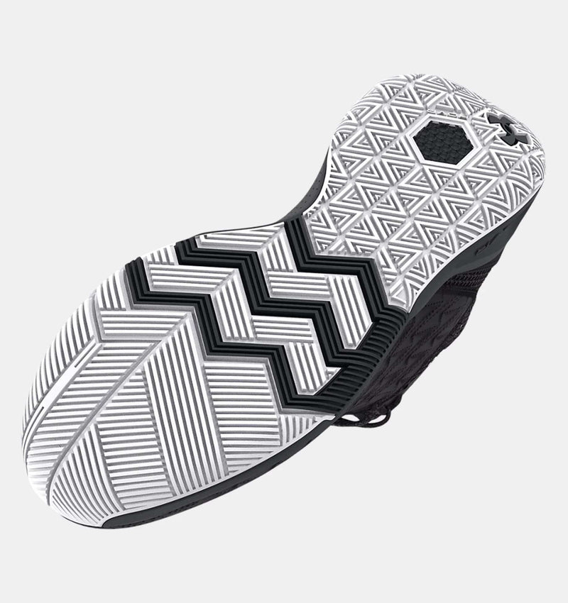 Under Armour UA HOVR™ Havoc 5 Clone Team basketball shoe outsole with multidirectional traction pattern in white and black rubber.