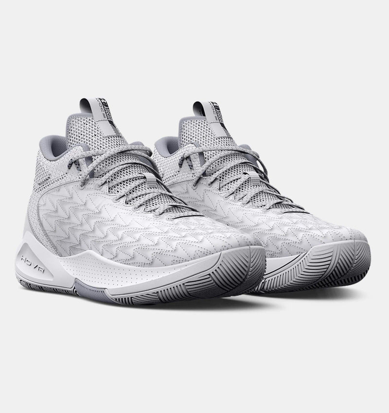 Under Armour UA HOVR™ Havoc 5 Clone Team basketball shoes in light gray with patterned upper, mesh tongue, and rubber outsole, front angle.