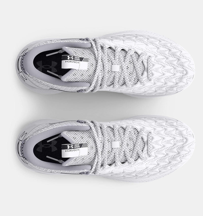 Under Armour UA HOVR™ Havoc 5 Clone Team basketball shoes in white with textured mesh upper and lace system, top view.