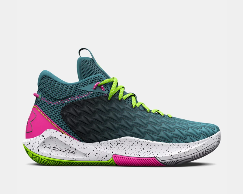 Under Armour UA HOVR™ Havoc 5 Clone basketball shoes in teal with black textured upper, pink accents, neon green laces, and white speckled midsole, side view.
