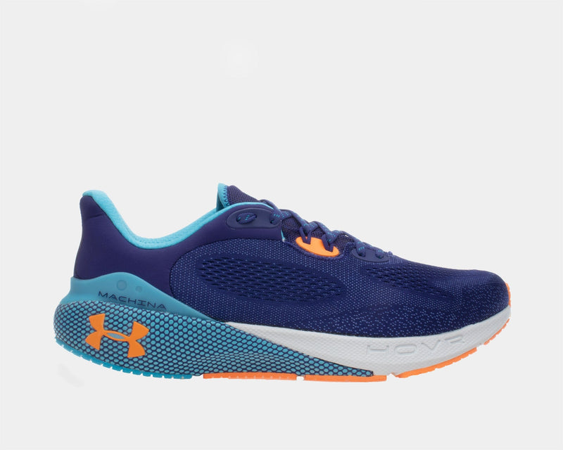 Under Armour UA HOVR™ Machina 3 running shoes in navy blue with turquoise and orange accents, side view showing mesh upper and cushioned midsole.