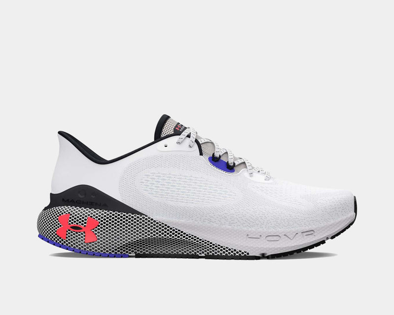 Under Armour UA HOVR™ Machina 3 running shoes, side view showing white mesh upper, black and red heel overlay, and cushioned HOVR™ midsole.