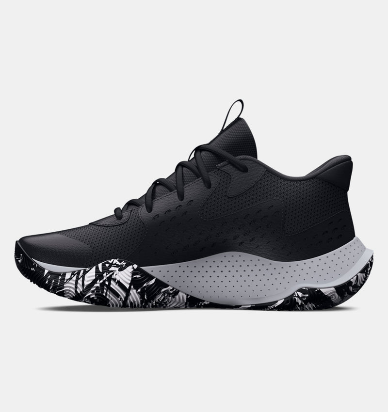 Under Armour UA Jet '23 Basketball Shoes side view in black with textured upper, gray midsole, and black-and-white patterned outsole.