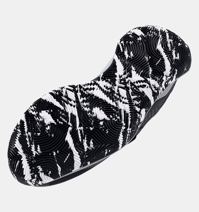 Under Armour UA Jet '23 Basketball Shoes outsole with black and white graphic traction pattern, designed for grip and durability.