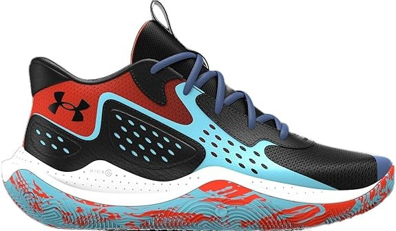 Under Armour UA Jet '23 basketball shoes in black, red, and blue with perforated side panels and colorful outsole, side view.