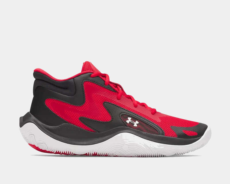 Under Armour UA Jet '25 basketball shoes in red and black with mesh upper and rubber outsole, side view