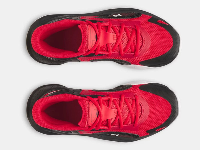 Under Armour UA Jet '25 basketball shoes in red and black with mesh upper and lace closure, top view.