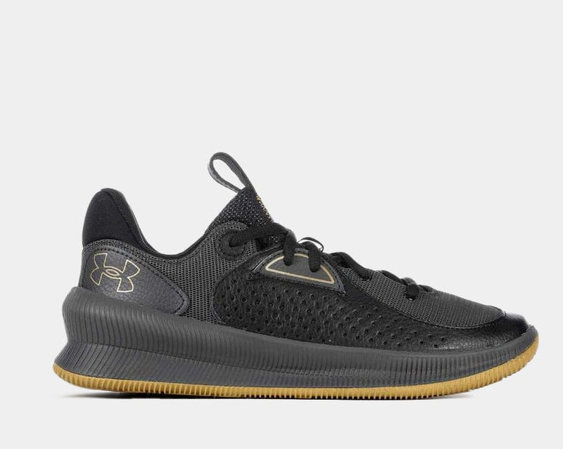 Under Armour UA Twenty47 Basketball Shoes in black with mesh upper, perforated side panel, and gum outsole, side view.