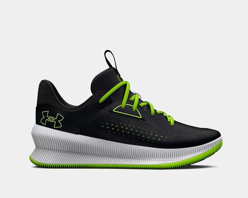 Under Armour UA Twenty47 Basketball Shoes in black with neon green accents and white outsole, side view.