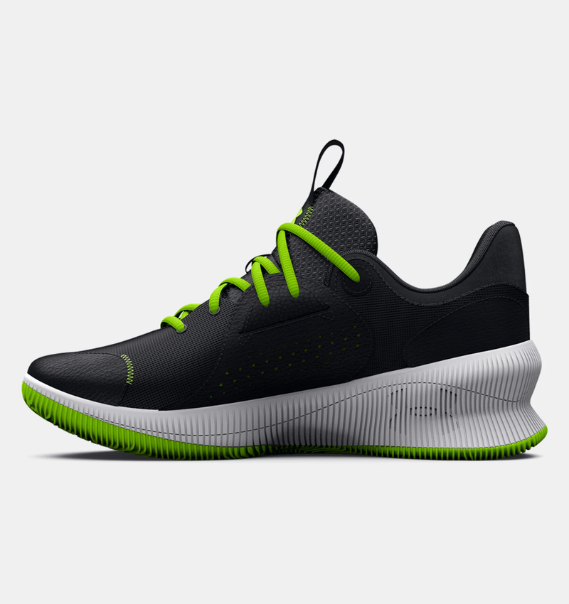 Under Armour UA Twenty47 Basketball Shoes in black with neon green laces and accents, lightweight mesh upper, and cushioned white midsole, side view.