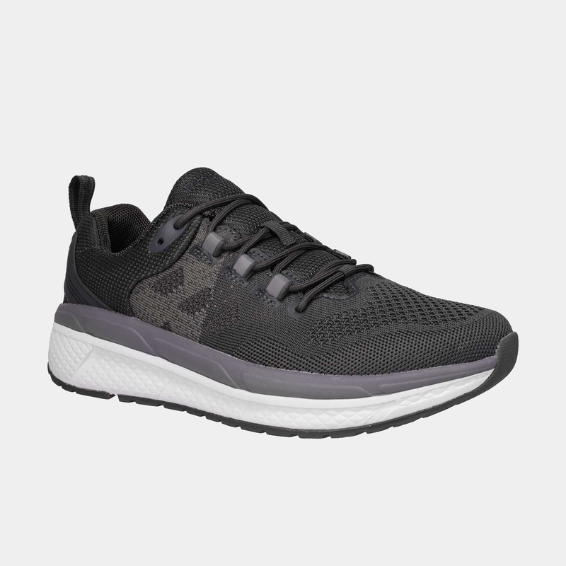 Propét Ultra 267 shoes in black with a breathable mesh upper, gray accents, and cushioned white midsole, side angle view.