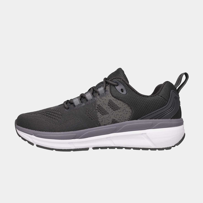 Propét Ultra 267 walking shoes in black with a breathable mesh upper, gray midsole detailing, and white cushioned outsole, side view.