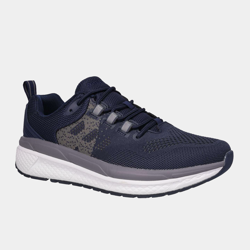 Propét Ultra 267 sneakers in navy blue with breathable mesh upper, cushioned white and gray midsole, and lace-up design, side view.