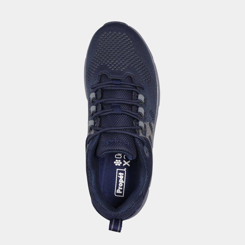 Propét Ultra 267 walking shoe in navy blue with breathable mesh upper and lace-up closure, top view.