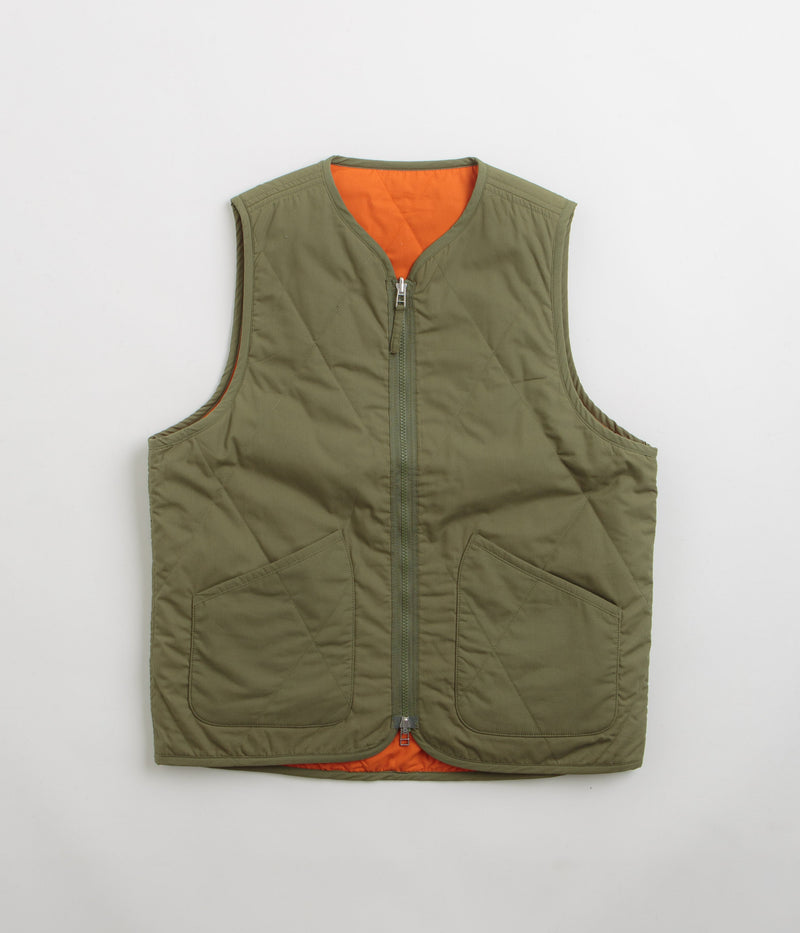 Universal Works Reversible Military Liner Gilet in Olive and Orange
