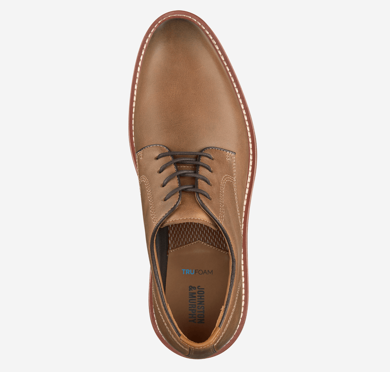 Johnston & Murphy Upton Plain Toe dress shoe in tan leather with contrast stitching and lace-up design, top view.