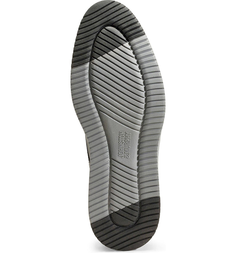 Johnston & Murphy Upton Wingtip shoe outsole with textured tread design and branding, bottom view in gray and black.