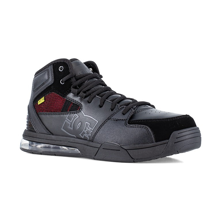 DC WorkCrew Versatile Work Hi Top Comp Toe work shoes in black with red mesh accents, composite toe, and cushioned sole, side angle.
