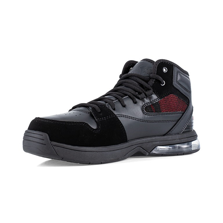 DC WorkCrew Versatile Work Hi Top Comp Toe work shoes, black with red mesh panels, composite toe, suede and leather construction, front angle view.