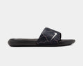Nike Victori One Printed slide sandals in black with chain graphic design and white Swoosh logo, side view.
