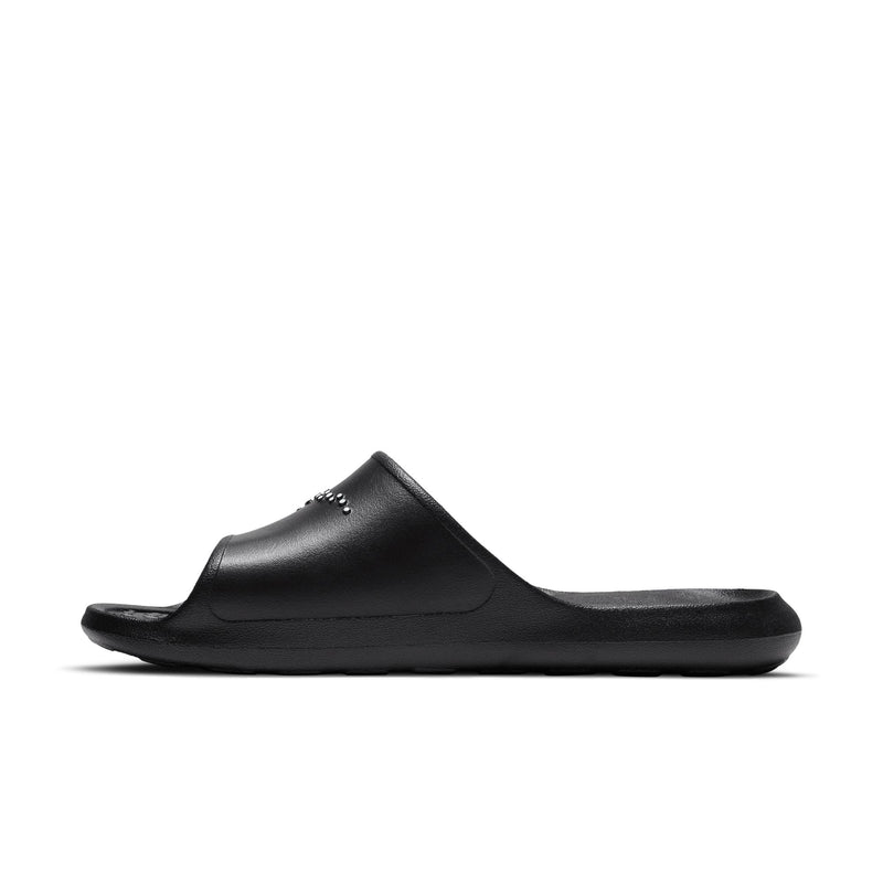 Nike Victori One Shower slides in solid black with textured footbed and synthetic upper, side view.