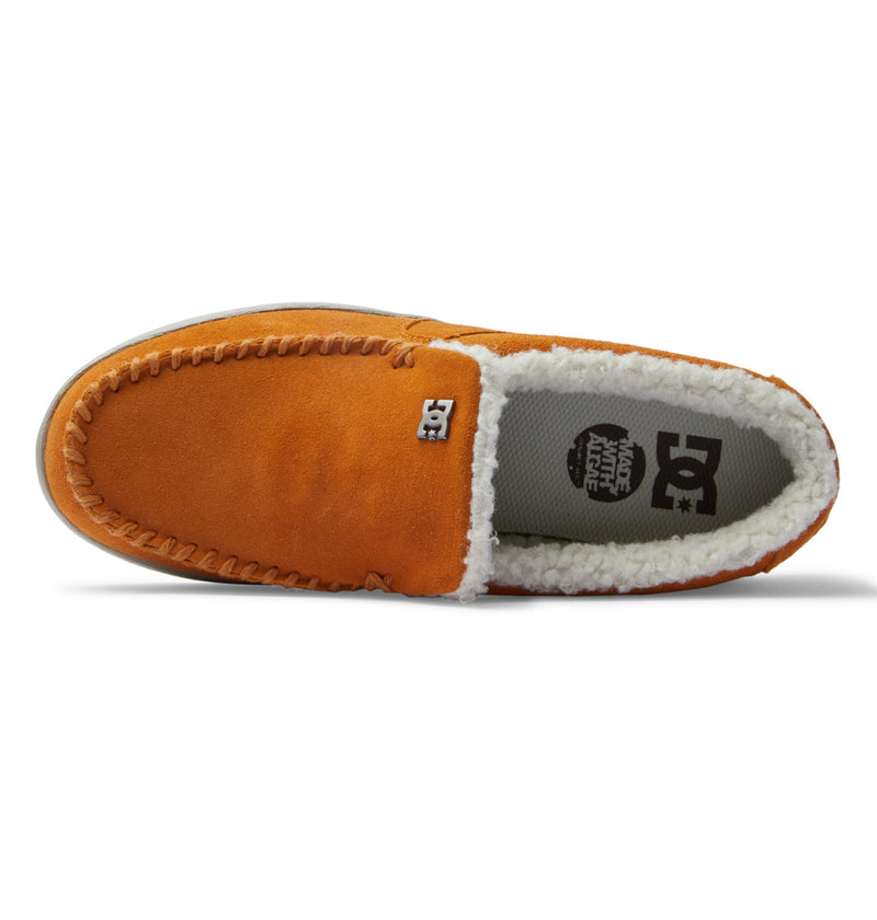 DC Footwear Villain 2 SE slip-on shoes in orange suede with fleece lining and stitched moccasin toe design, top view.