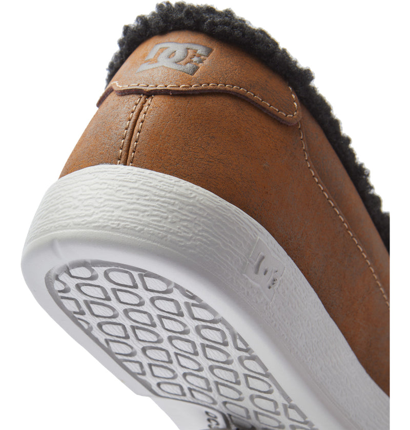 DC Footwear Villain 2 SE loafers in brown with textured white outsole, fleece lining, and embossed brand logo, back and sole view.
