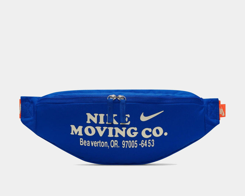 Nike Waist Pack in royal blue featuring white "Nike Moving Co." print and Beaverton address, front view with dual zipper closure and adjustable strap.