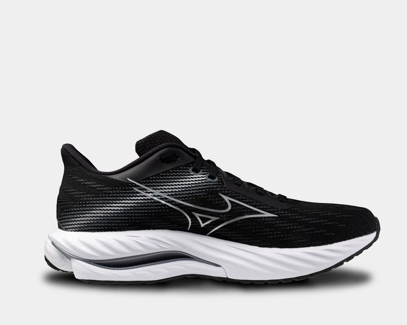 Mizuno Wave Inspire 21 running shoes in black with mesh upper, responsive midsole, and wave plate technology, side view.