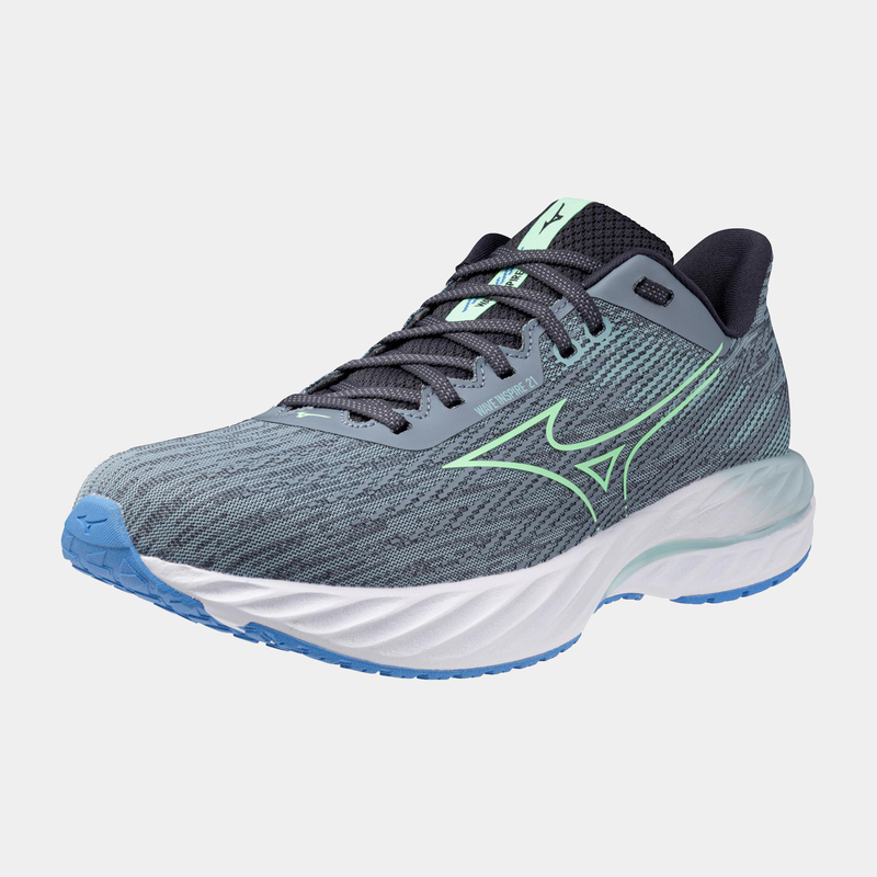 Mizuno Wave Inspire 21 running shoes in gray with green accents, engineered mesh upper, and cushioned sole, front-side view.