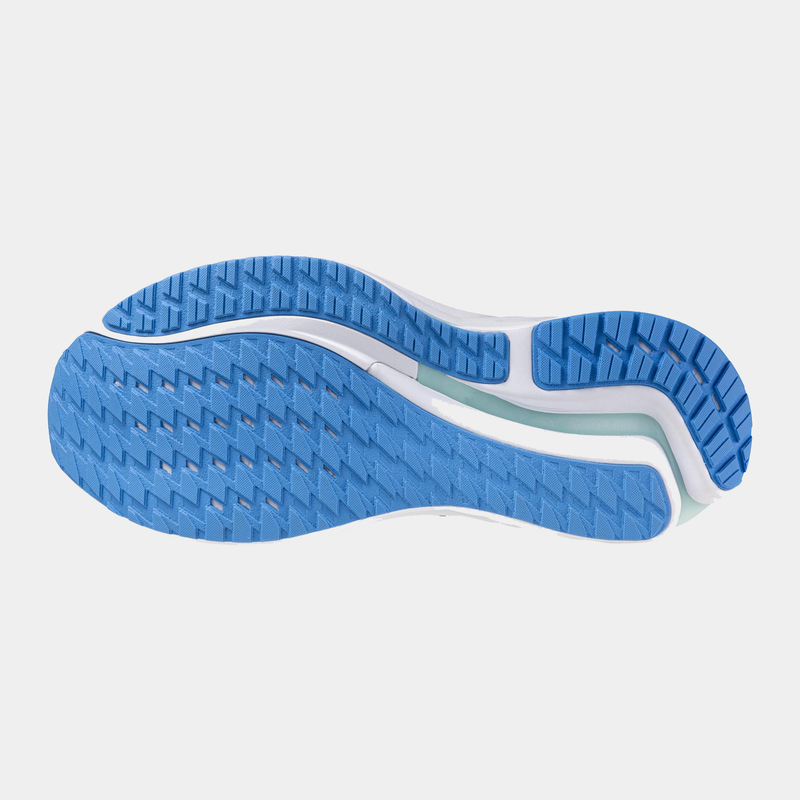 Mizuno Wave Inspire 21 running shoes outsole showing durable blue rubber with traction pattern and flex grooves.