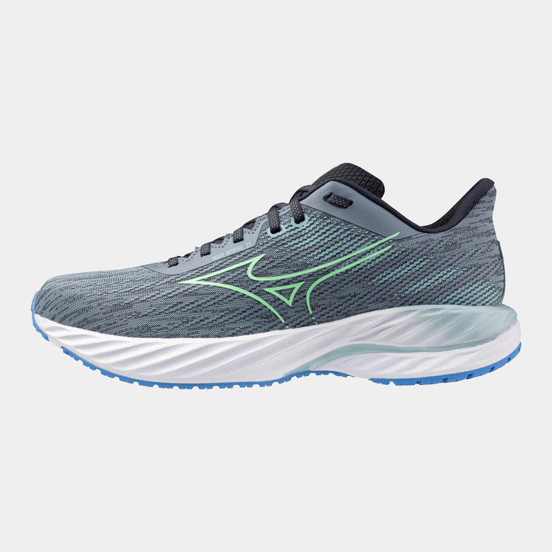 Mizuno Wave Inspire 21 running shoes side view in gray with green accents, breathable mesh upper, and cushioned midsole.