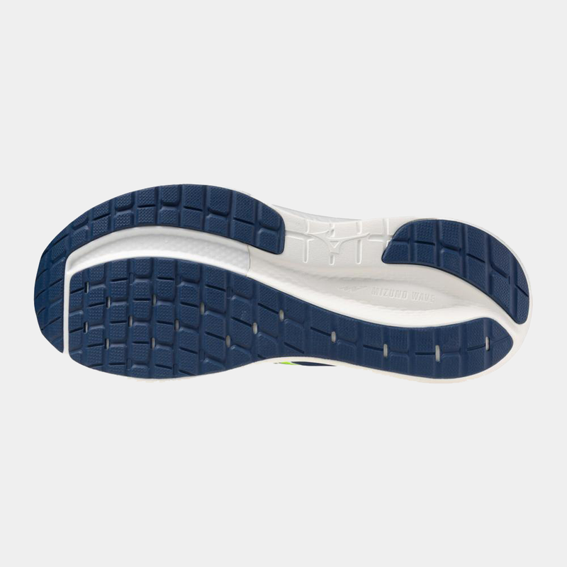 Mizuno Wave Inspire 22 running shoes outsole showing durable rubber tread pattern in navy blue and white.