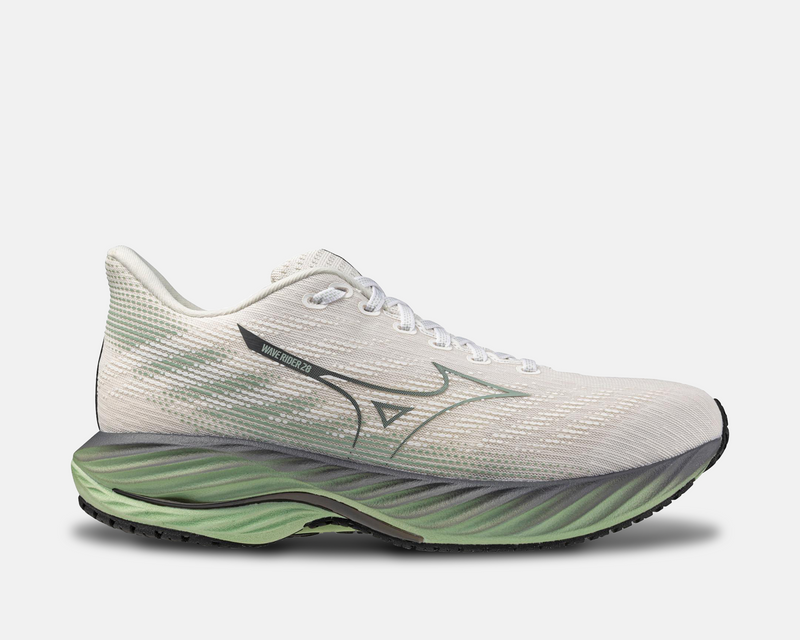 Mizuno Wave Rider 29 running shoes in white and light green with breathable mesh upper and cushioned midsole, side view.