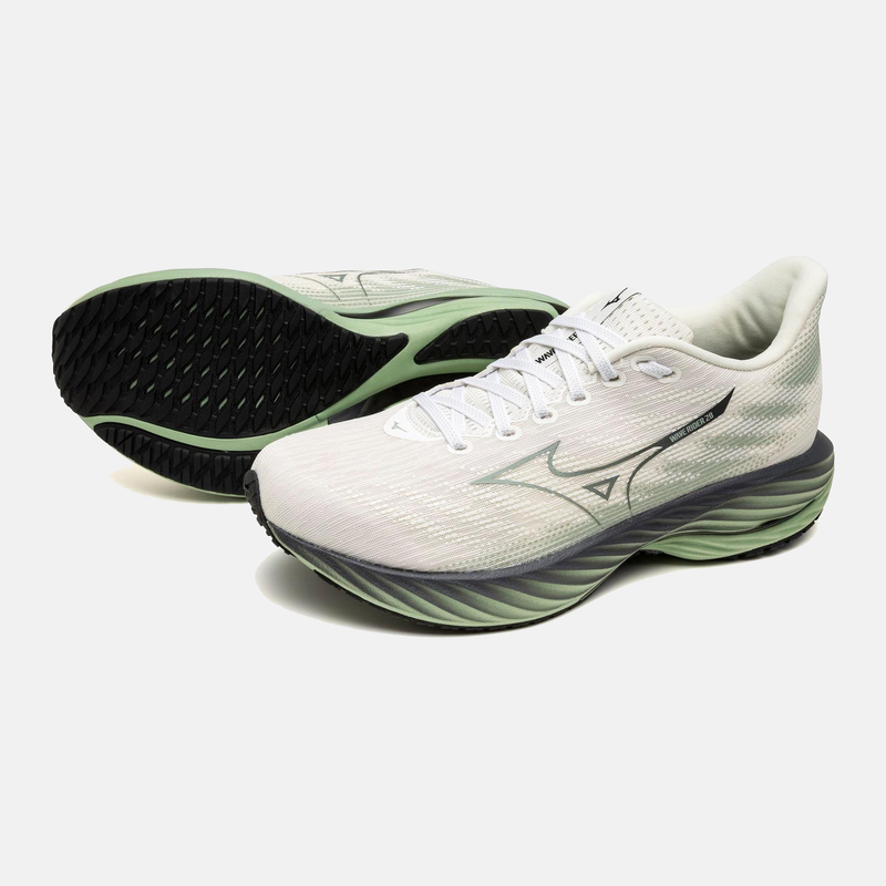 Mizuno Wave Rider 29 running shoes in white with green accents, featuring a wavy midsole and black rubber outsole, angled front and sole view.