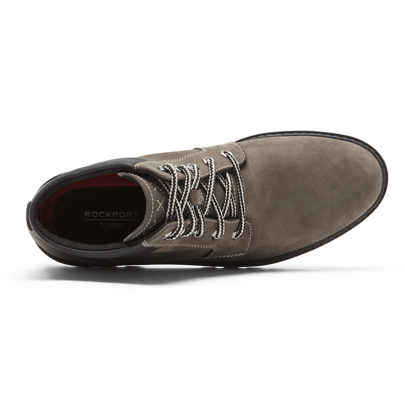 Rockport Weather or Not Waterproof Boot in gray suede with black collar and patterned laces, top view.