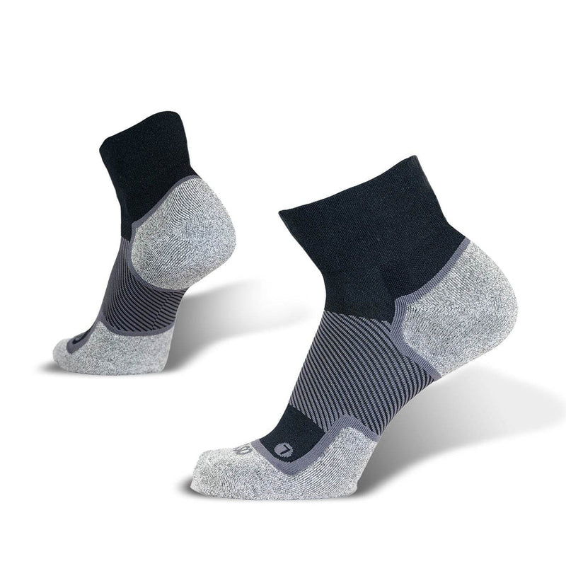 OS1st Wellness Performance Quarter Socks with black and gray design, lightweight fabric and arch support, side view showing textured details.
