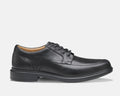 Johnston & Murphy XC4 Stanton 2.0 Waterproof Moc Toe shoes in black leather with moccasin-style stitching and lace-up design, side view.