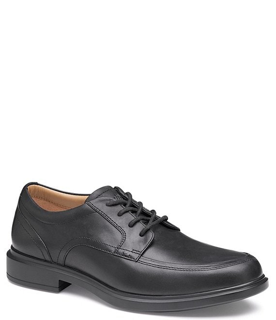 Johnston & Murphy XC4 Stanton 2.0 Waterproof Moc Toe dress shoes in black leather with lace-up closure, side view.