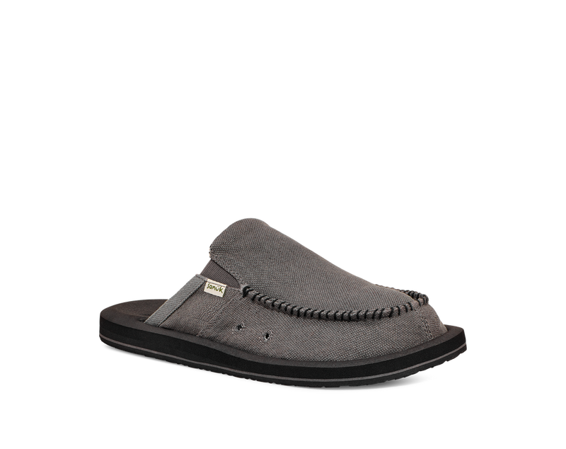 Sanuk You Got My Back St Hemp slip-ons in neutral gray hemp fabric with moc toe stitching and black outsole, side view.