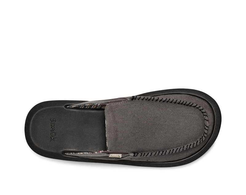 Sanuk You Got My Back St Hemp slip-on shoes in dark gray hemp with stitch detailing, top view showing cushioned footbed.
