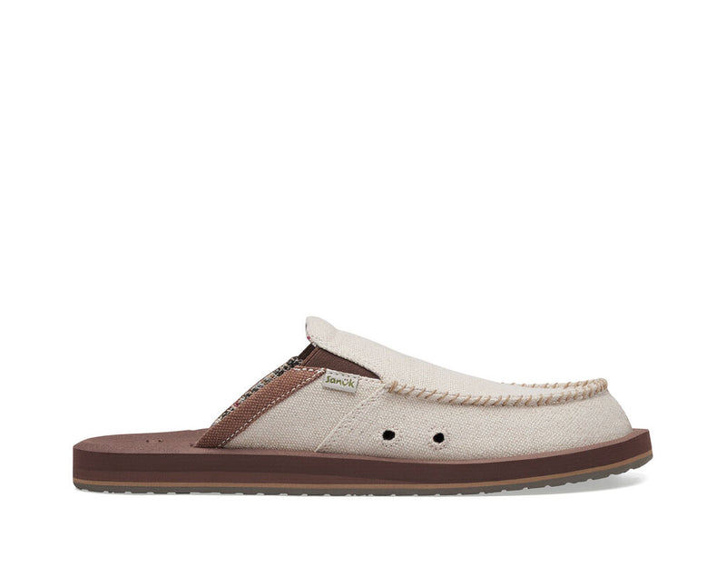 Sanuk You Got My Back St Hemp slip-on shoes in natural beige hemp with brown accents and stitched moccasin detailing, side view.