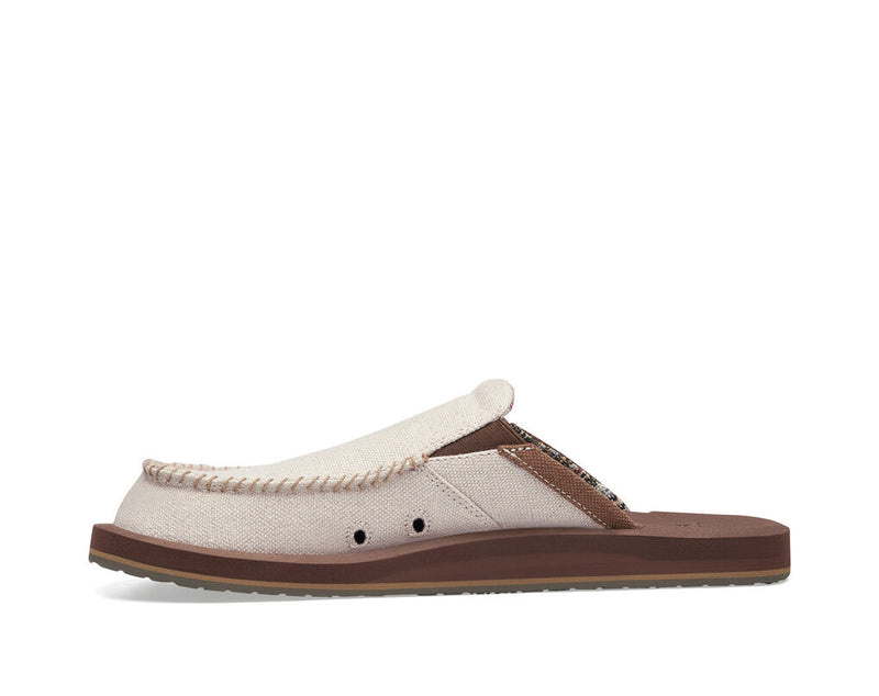 Sanuk You Got My Back St Hemp slip-on shoes in natural off-white hemp upper with brown accents, side view showing moc-toe stitching and cushioned sole.