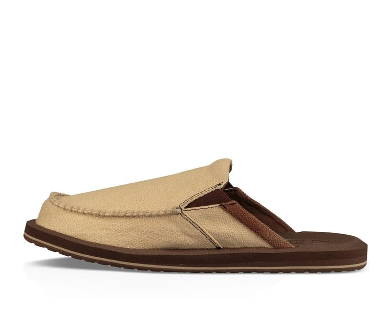 Sanuk You Got My Back III slip-ons in beige canvas and brown accents with flexible sole, side view.
