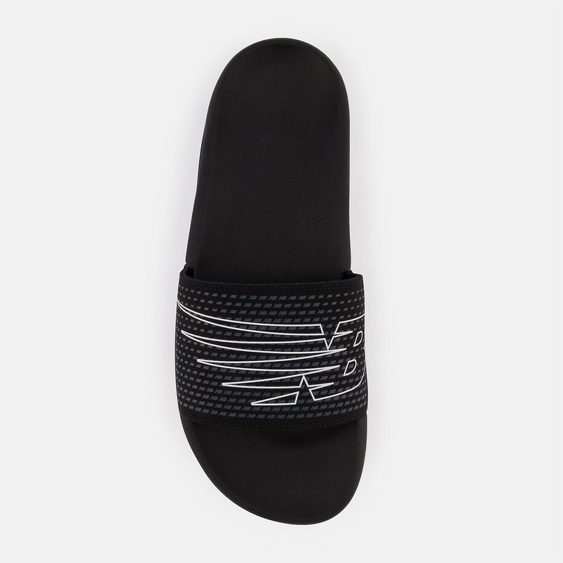 New Balance Zare Comfort sandals in black with patterned strap featuring white graphic details, top view.